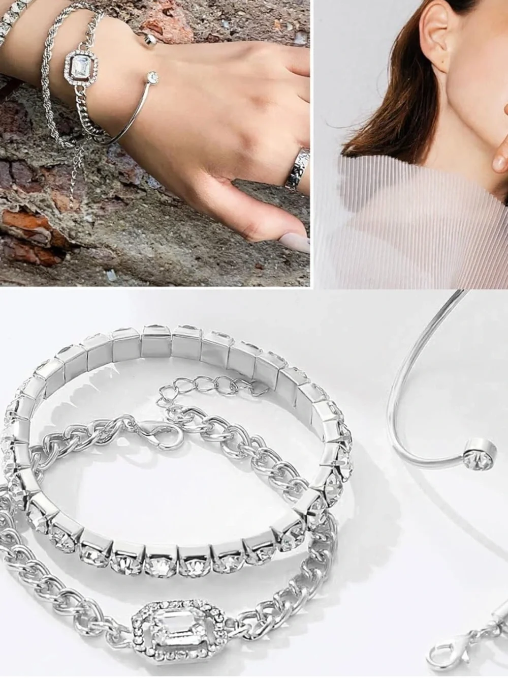 Anthropologie Silver Crystal Chain Bracelet Set